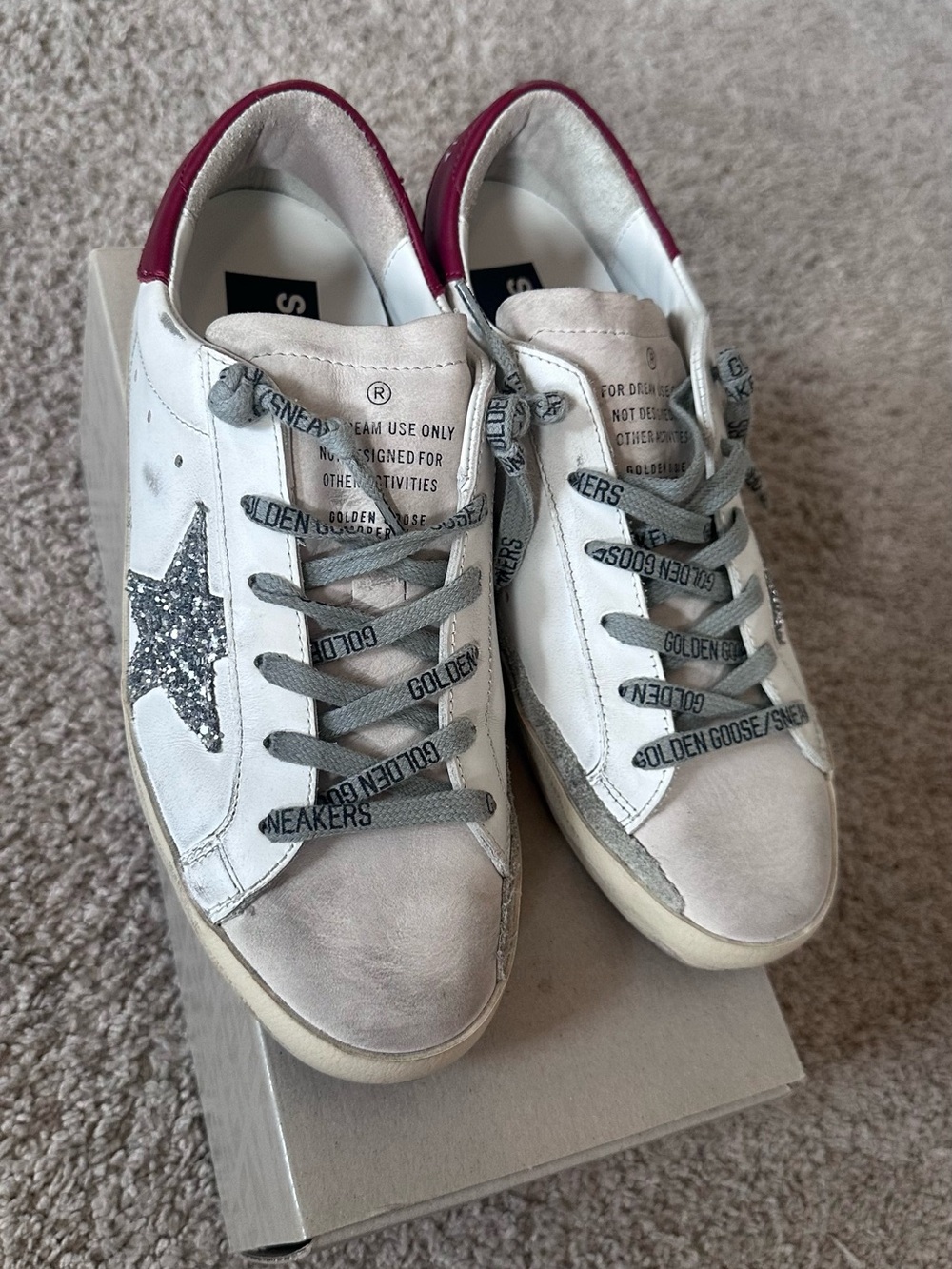 Golden Goose White Leather Sneakers with Silver Glitter Star and Burgundy Heel